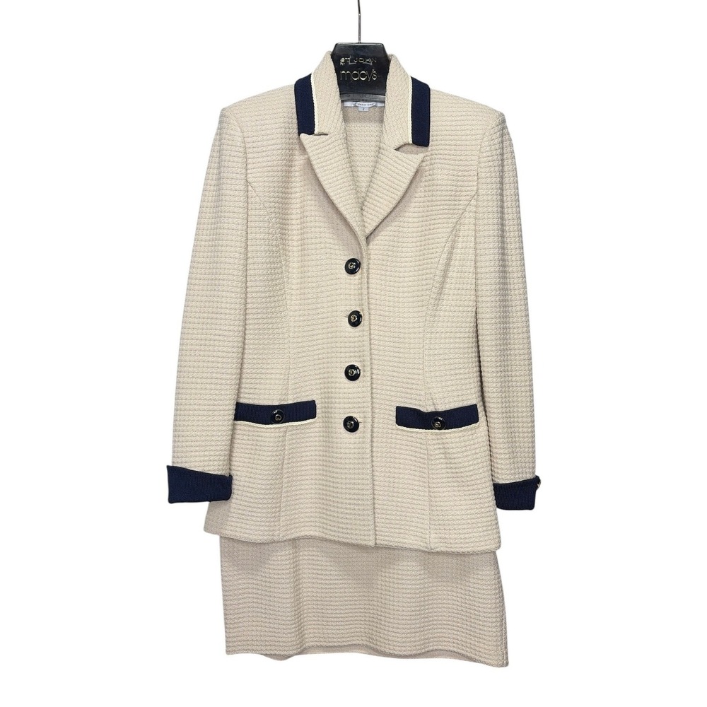 St. John Collection Marie Gray Cream Navy Knit Skirt Suit Set Size 2